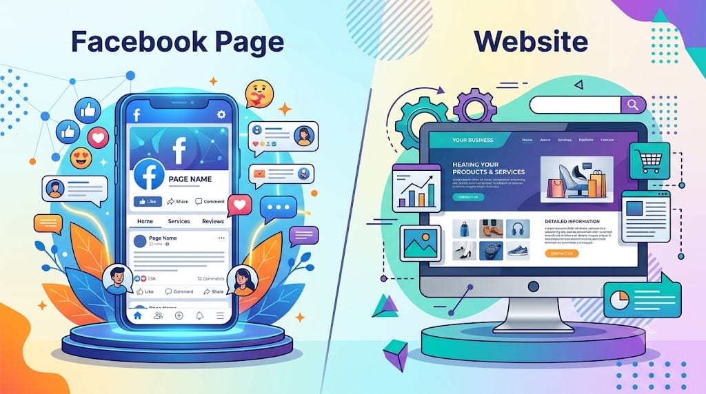 facebook page vs Website illustration.